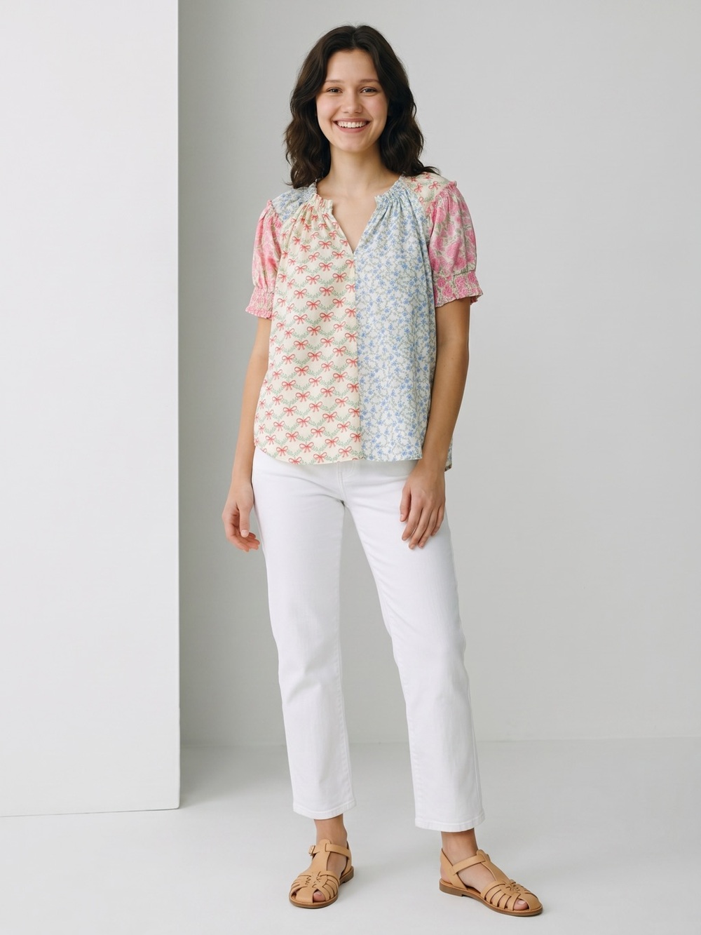 Bibi Patchwork Floral Bow Print Peasant Blouse Cottagecore Coquette Puff Sleeve